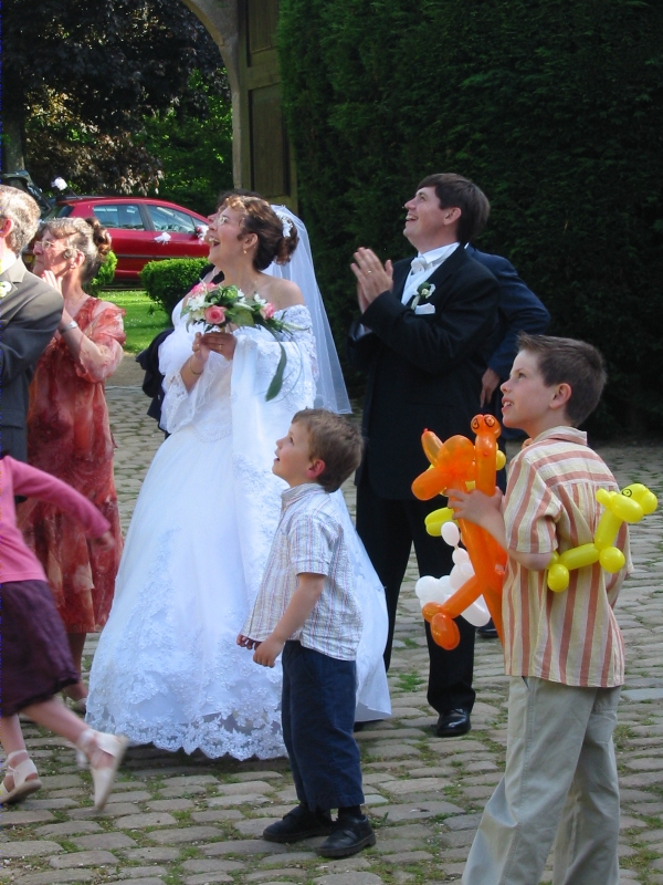 Wedding couple look at the balloons in the sky